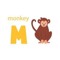 Cute monkey card. Alphabet with animals. Colorful design for teaching children the alphabet, learning English. Vector illustration in a flat cartoon style on a white background