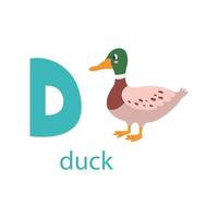 Cute duck card. Alphabet with animals. Colorful design for teaching children the alphabet, learning English. Vector illustration in a flat cartoon style on a white background