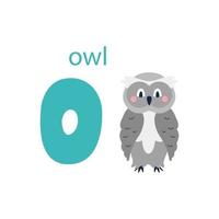 A card of a cute gray owl. Alphabet with animals. Colorful design for teaching children the alphabet, learning English. Vector illustration in a flat cartoon style on a white background