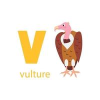 Cute vulture card. Alphabet with animals. Colorful design for teaching children the alphabet, learning English. Vector illustration in a flat cartoon style on a white background