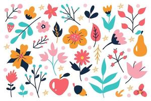 A bright set of plants and flowers on a white background, hand-drawn in the style of doodles. Vector flower decor for invitations, postcards, stickers
