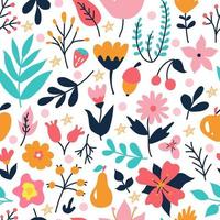 Bright colorful plants and flowers. Vector floral seamless pattern on a white background in a doodle flat style. Wallpaper, packaging paper design and fabric print