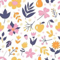 lindas plantas y flores de colores. vector patrón floral transparente sobre fondo blanco en estilo doodle plano. papel tapiz, diseño de papel de embalaje e impresión de telas