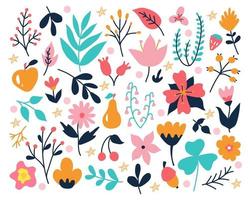 A bright set of plants and flowers on a white background, hand-drawn in the style of doodles. Vector flower decor for invitations, postcards, stickers