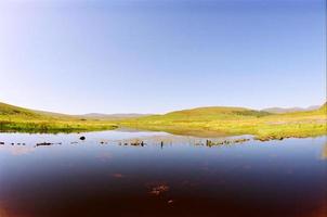 Green meadows and blue lake photo