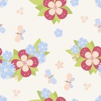 Seamless pattern flowers and leaves on a light background with butterflies vector