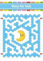 Rectangular color maze. Cute crescent. Game for kids. Funny labyrinth. Education developing worksheet. Activity page. Puzzle for children. Cartoon character. Logical conundrum. Vector illustration.