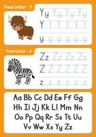 Writing letters. Tracing page. Practice sheet. Worksheet for kids. Exercise for preschools. Learn alphabet. Cute characters. Vector illustration. Cartoon style.