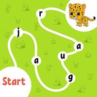 juego de rompecabezas de lógica. jaguar manchado. aprender palabras para niños. encuentra el nombre oculto. hoja de trabajo de desarrollo educativo. página de actividades para estudiar inglés. ilustración vectorial aislada. estilo de dibujos animados. vector