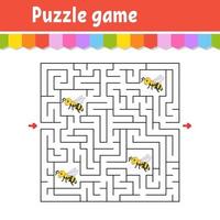 Square maze. Game for kids. Striped bee Puzzle for children. Labyrinth conundrum. Color vector illustration. Find the right path. Isolated vector illustration. Cartoon character.