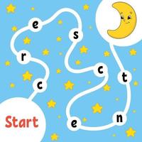 Logic puzzle game. Cute crescent. Learning words for kids. Find the hidden name. Education developing worksheet. Activity page for study English. Isolated vector illustration. Cartoon style.