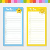 To do list for kids. Empty template. Star and sun. The rectangular shape. Isolated color vector illustration. Funny character. Cartoon style. For the diary, notebook, bookmark.