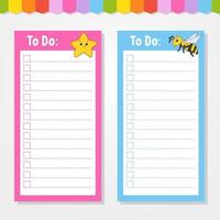 To do list for kids. Empty template. Star and bee. The rectangular shape. Isolated color vector illustration. Funny character. Cartoon style. For the diary, notebook, bookmark.