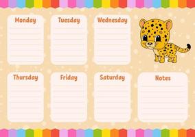 horario escolar. horario para escolares. jaguar manchado. plantilla vacía. cepilladora semanal con notas. Ilustración de vector de color aislado. personaje animado.