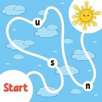 Logic puzzle game. Cute sun. Learning words for kids. Find the hidden name. Education developing worksheet. Activity page for study English. Isolated vector illustration. Cartoon style.