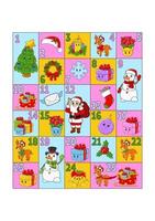 Christmas advent calendar with cute characters. Santa claus, deer, snowman, fir tree, snowflake, gift, bauble, sock. Cartoon style. With numbers 1 to 25. Vector illustration. Holiday preparation.