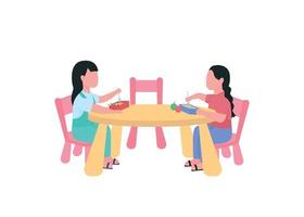 Girl eating dinner in kindergarten flat color vector faceless characters