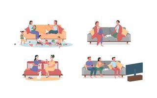 Resting at home on couch flat color vector faceless characters set