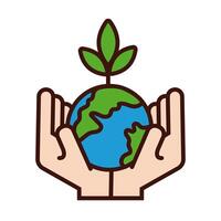 hands lifting world planet earth and plant line and fill style vector