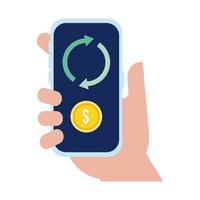 hand using smartphone with coin and arrows flat style vector