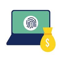 laptop with fingerprint and money bag flat style vector