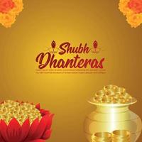 tarjeta de felicitación de invitación shubh dhanteras con moneda de oro kalash vector