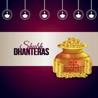 Shubh dhanteras vector illustration of gold coin pot on purple background