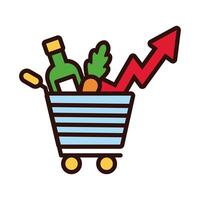 shopping cart with groceries and arrow up line and fill style vector