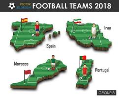 equipos de fútbol nacionales 2018 grupo b jugador de fútbol y bandera en el mapa del país de diseño 3d vector de fondo aislado para el concepto del torneo del campeonato mundial internacional 2018