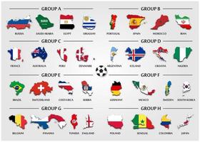 El grupo de equipo de fútbol o copa de fútbol establece el mapa del país con el vector de la bandera nacional para el torneo del campeonato mundial internacional 2018