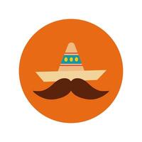 mexican culture hat and mustache block and flat style icon vector