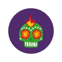 mexican skull mask with flame culture block and flat style icon vector