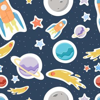 Seamless pattern with planets rockets outer space vector