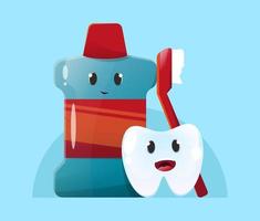 Diente sano con concepto de cepillo de dientes y enjuague bucal vector