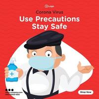 Banner design of use precautions stay safe cartoon style template vector