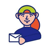 delivery service worker with envelope line and fill style icon vector