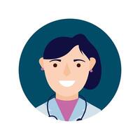 Doctora con bloque de caracteres de estetoscopio y estilo plano vector