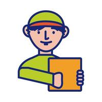 delivery service worker with box line and fill style icon vector