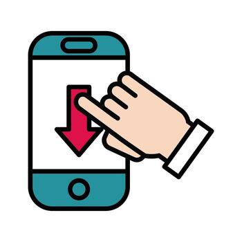 mano con dispositivo de teléfono inteligente con flecha hacia abajo y estilo de relleno vector