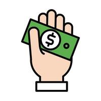 hand with bill money dollar line and fill style vector