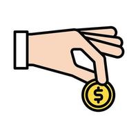 mano con moneda dinero dólar línea e icono de estilo de relleno vector