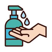 hand with antibacterial soap bottle line and fill icon vector