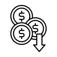 monedas dinero dólar con flecha hacia abajo estilo de línea vector
