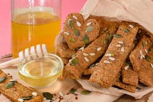 Cereal bars with different seeds. Whole grains bars with honey,a very healthy snack to boost energy.