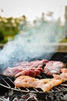 Grilled meat, pork, beef and chicken meat on barbecue, grill. Shallow depth of field. photo