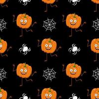Cute dark seamless pattern with pumpkins, cobwebs and spiders. Halloween party decoration. Vegetable print with a smirk. Festive background for paper, textile, holiday and design vector