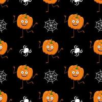 Cute dark seamless pattern with pumpkins, cobwebs and spiders. Halloween party decoration. Vegetable print with a smirk. Festive background for paper, textile, holiday and design vector