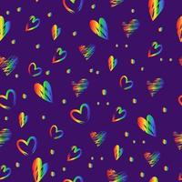 Seamless cute pattern with rainbow hand-drawn hearts on a violet background for Valentine Day vector