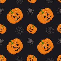 Cute dark seamless pattern with pumpkins, cobwebs and spiders. Halloween party decoration. Vegetable print with a smirk. Festive background for paper, textile, holiday and design vector