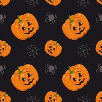 Cute dark seamless pattern with pumpkins, cobwebs and spiders. Halloween party decoration. Vegetable print with a smirk. Festive background for paper, textile, holiday and design vector